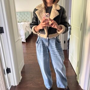 Zara Cropped Faux Shearling Moto Jacket - Brown with Cream Trim